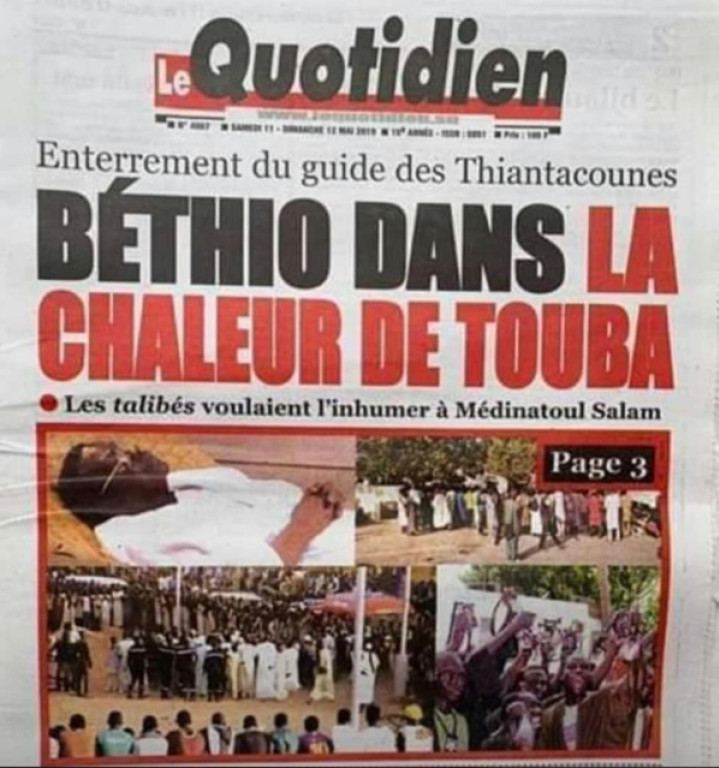 "Béthio dans la chaleur de Touba" Le journal le "quotidien" choque les